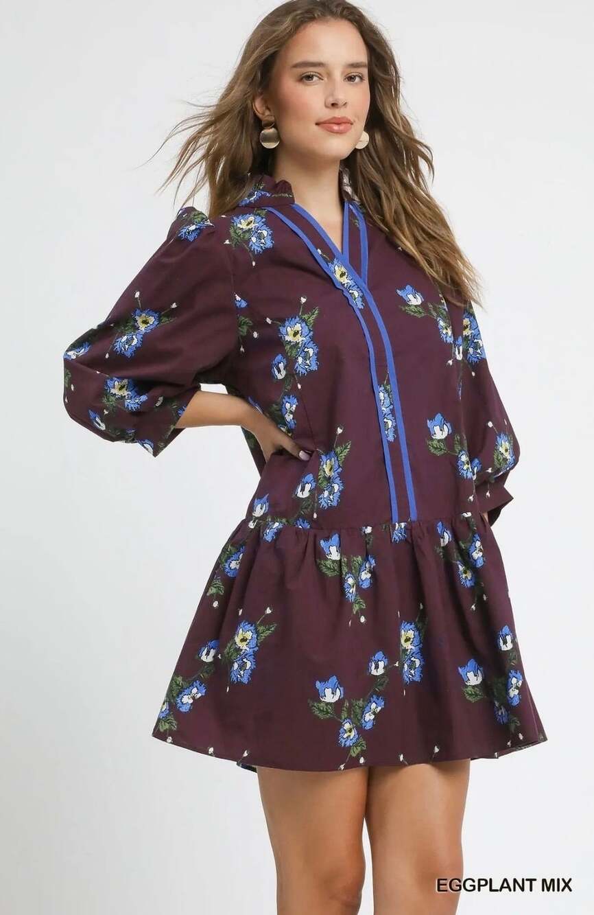 Eggplant Floral Print Puff Sleeve Tiered Hem Mini Dress with Blue Trim